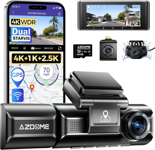 AZDome M550 Max 3-Kanal-4K-Dashcam mit WiFi, GPS und 64 GB Speicher