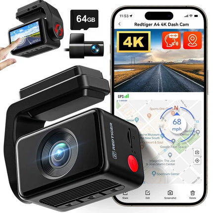 Redtiger A4 4K Touch Wifi GPS 2CH 64gb Dashcam