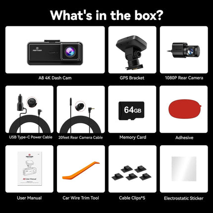 Redtiger A8 2CH 4K Touch WiFi GPS 64 GB Dashcam